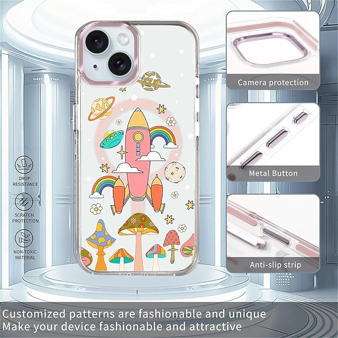 Case for iPhone 13/14,[Compatible with MagSafe],Spaceship Mushroom Phone Case Design，for Women Girls Magnetic Clear Cover - Slim, Sleek, & Shockproof Protection