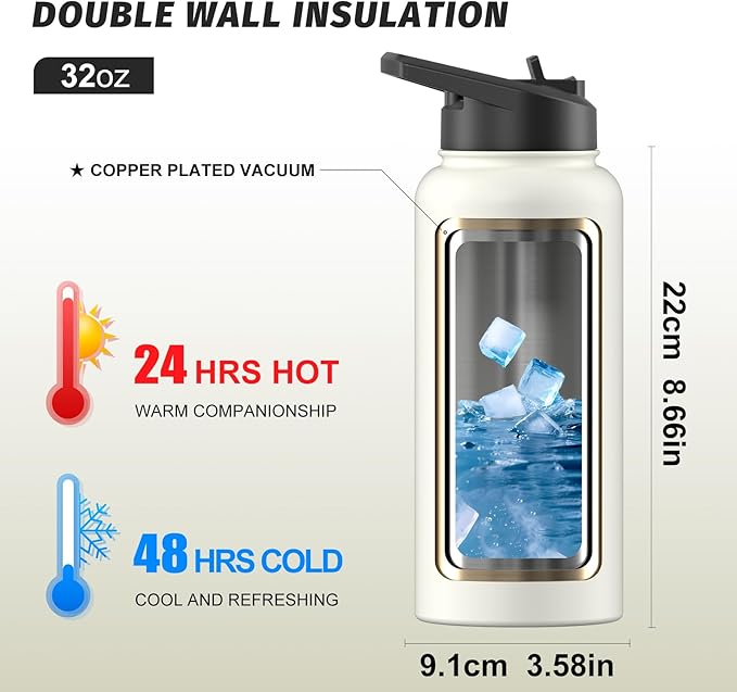 32oz Insulated Water Bottle (Cold for 48 Hrs),BPA Free&Leak Proof,Stainless Steel Water Flask,Water Jug with Straw Spout Lids for Gym,Hiking,Travel,White
