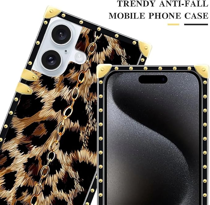 Compatible with iPhone 16 Plus Case, Seamless Gold Chain Leopard Luxury Golden Decoration for Girl Women Soft TPU Shockproof Protective Hard PC Back