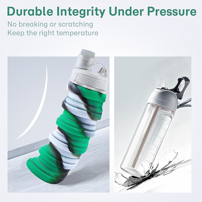 Reusable BPA Free Foldable Silicone Water Bottles for Kids, Students, Adults, Travel Camping Hiking (1pack, Green)