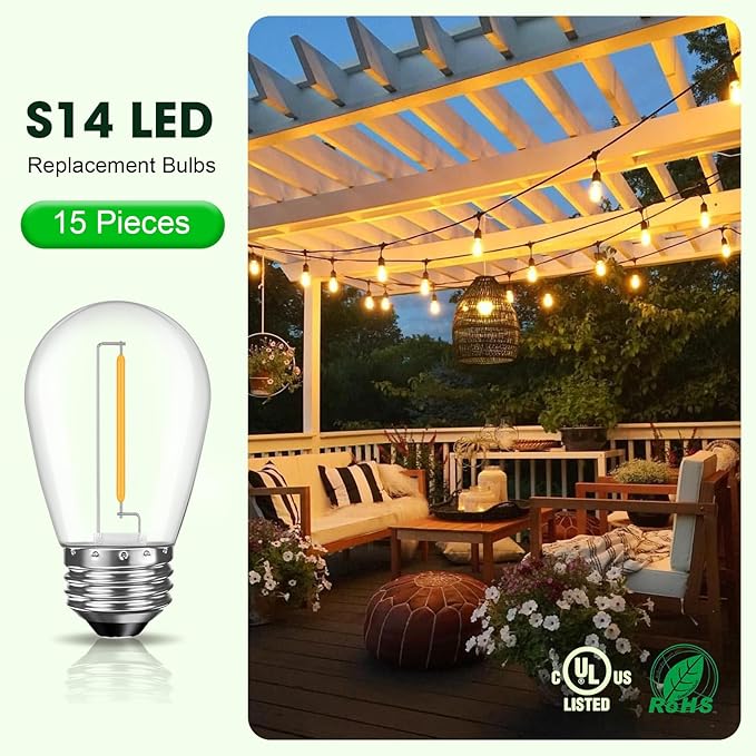 GvvooHome LED S14 Replacement Light Bulbs for Outdoor String Lights, 1W Shatterproof Edison Light Bulbs for Outside Patio Garden, E26 Standard Base, Dimmable, 2200K Warm White, 15 Pack