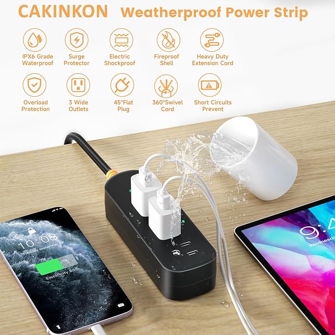 Outdoor Power Strip Weatherproof 6 FT Extension Cord Waterproof Surge Protector Power Strip, 3 AC Outlets, 1625W Overload Protection, for Camping, Home, Office, Garden, FCC UL Listed