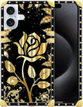Compatible with iPhone 16 Case, Shine Gold Rose Luxury Golden Decoration for Girl Women Soft TPU Shockproof Protective Hard PC Back for iPhone 16
