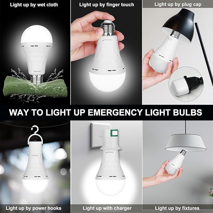 Ostwiki 2 Pack Emergency Rechargeable Light Bulbs,Battery Operated Backup Light Bulb 9W E27 8500K 1200mAh White Equivalent Self-Charging LED Light Bulbs for Power Outage Camping Outdoor Activity