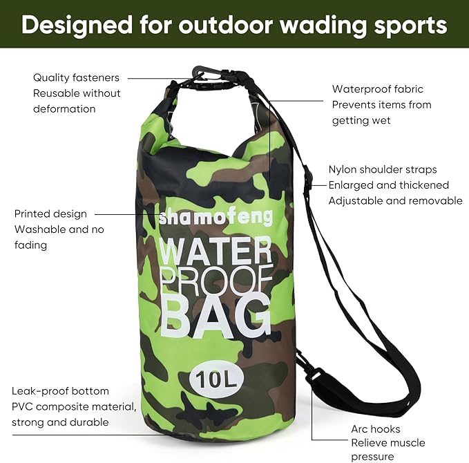 Waterproof Dry Bag 5L/10L/15L/20L/30L Roll Top Dry Storage Backpack with Phone Case, Collapsible Water Bottle, Sunglasses, Ear Band for Kayaking Boating Swimming Fishing Camping, Green 15L