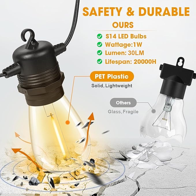 GvvooHome LED Outdoor String Lights 25FT with 9 Shatterproof S14 Bulbs, Waterproof for Porch, Deck, Garden, Balcony, Dimmable 2700K