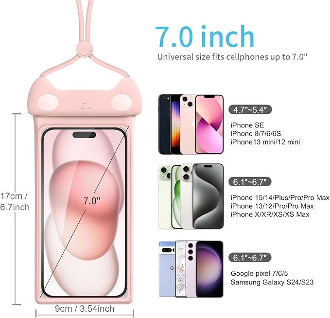 wellhouse Waterproof Phone Pouch, Waterproof Phone Case for iPhone17 16 15 14 Pro Max XS Samsung, IPX8 3D Cellphone Dry Bag Beach Essentials -2 Pack Meow Green & Pink 7.0