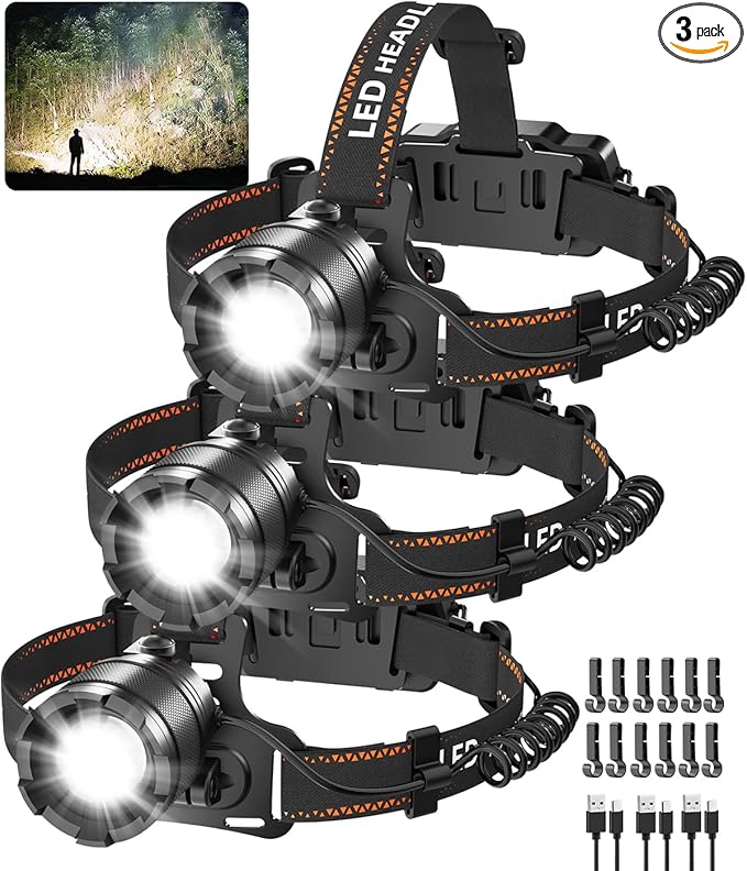 KYEKIO 3Pack Rechargeable Headlamps for Adults, 3000L Super Bright Head Lamps LED Rechargeable, 4Mode Head Lights for Forehead Hard Hat, Adjustable Focus 90°Headlight, Waterproof LED Headlamp Camping