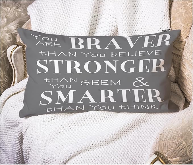 EKOBLA Decorative Pillow Cushion Covers Inspirational Life Quotes You are Braver Than You Believe Waist Rectangle Throw Pillow Case Cotton Linen for Men Women Sofa Home Decoration 12x20 Inches