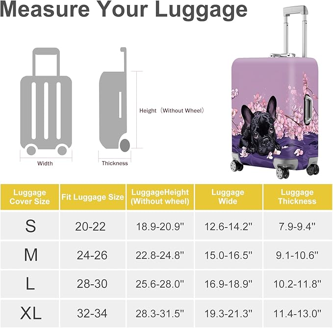 ANNA QUEEN French Bulldog Luggage Cover, Cute Black Dog with Pink Flowers Suitcase Protector, Stretchable Washable Travel Sleeve for 24-26 Inch Luggage