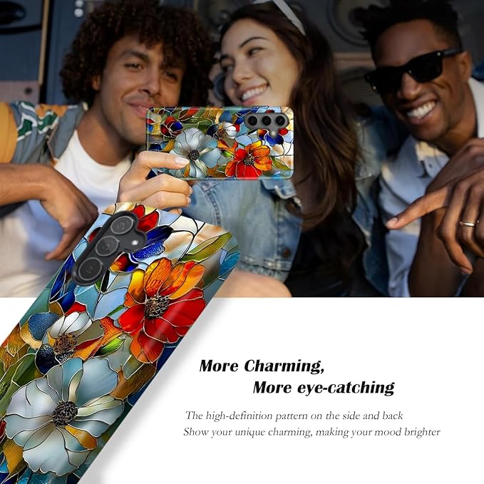 Compatible for Samsung Galaxy A37 5G Case, Dual Layer Heavy Duty 2 in 1 Shockproof Protective Phone Case,Stained Glass Blooming Flowers