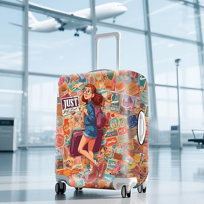 ANNA QUEEN Vintage Travel Stickers Gir Luggage Cover -Stretchable Airplane Suitcase Protector Sleeve,Universal Washable Fit for 28-30 Inch Checked Baggage,Water Resistant Durable Luggage Protector