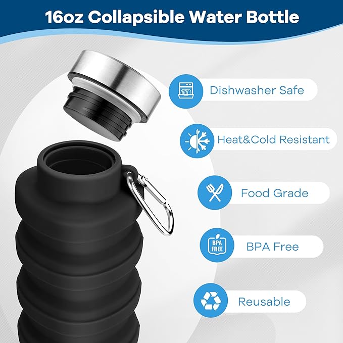 Collapsible Water Bottles 17oz, Portable Leak-Proof Travel Water Bottle, Reusable BPA Free Silicone Foldable Water Bottle with Carabiner for Gym, Traveling, Camping, Hiking, Sports-Black