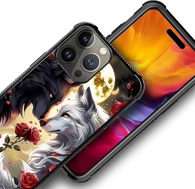 for iPhone 16 Pro Case, Black White Wolf Moon Flower Rose Pattern Graphic Design Girl Boy Soft Silicone Hard Acrylic Shock Protection for iPhone 16 Pro