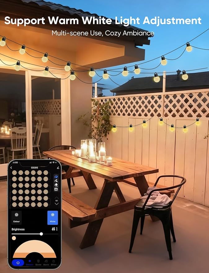 APPECK Outdoor String Lights 150ft, RGBW Color Changing Patio Lights with 75 Dimmable LED Bulbs, 111 Scene Modes, IP65 Waterproof Lighting for Outside, Party, Backyard, Pool, Compatible with Alexa