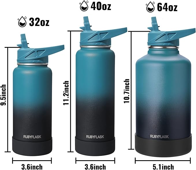 RUBYFLASK 64oz Insulated Water Bottle with Straw, Half Gallon Stainless Steel Vacuum Water Jug, Large Thermal Water Bottle Flask with Leakproof 3 Lids for Travel, Camping, Gym Sports Black