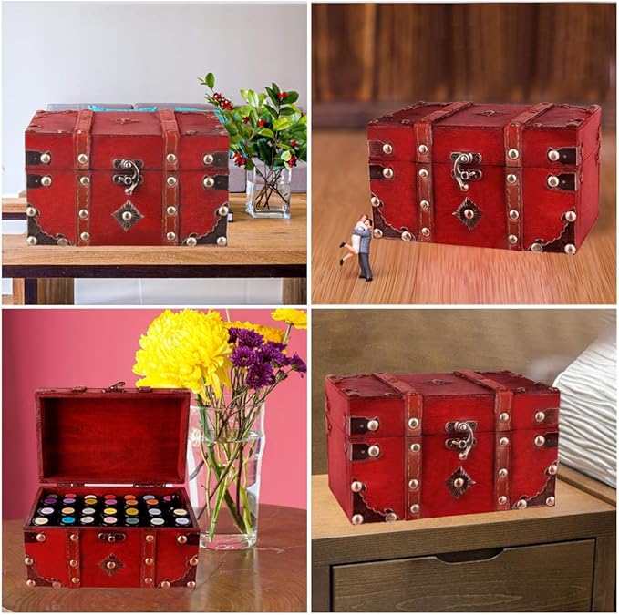 SICOHOME Treasure Chest, 7.1" Vintage Wooden Decorative Box with Pirate Trinkets for Jewelry, Tarot Cards, Gifts and Home Decoration Christmas Ornament Storage