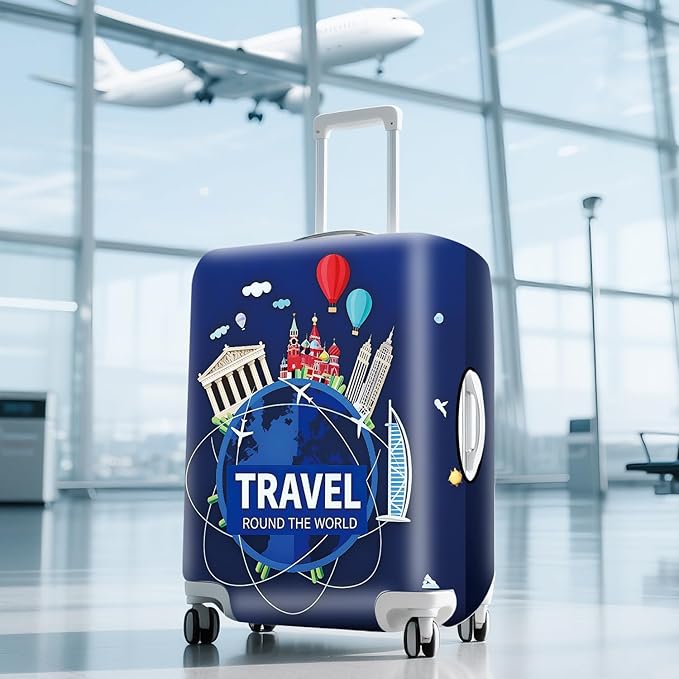 ANNA QUEEN Travel Globe Airplane Luggage Cover -Stretchable Airplane Suitcase Protector Sleeve,Universal Washable Fit for 20-37 Inch Checked Baggage,Water Resistant Durable Luggage Protector