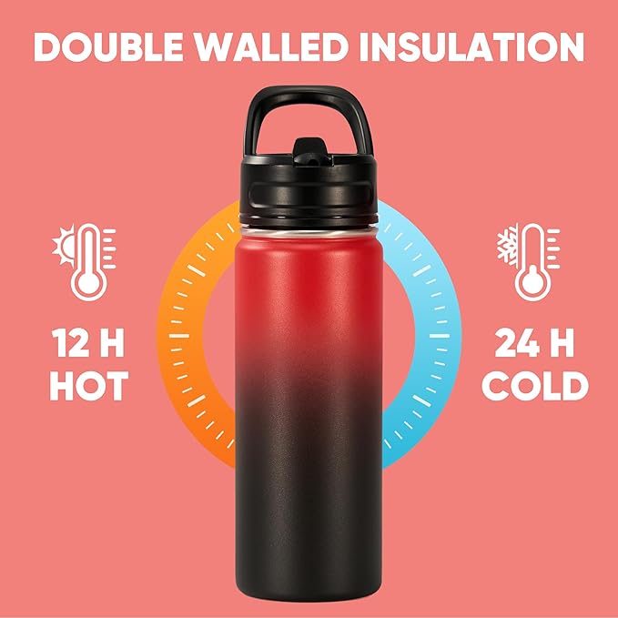 Fijinhom 18oz Insulated Stainless Steel Water Bottle with Straws, Double Wall Vacuum Insulated Bottles, Metal Thermo for Travel, Sports, Leak-Proof, BPA Free, Women & Men, Red Gradient