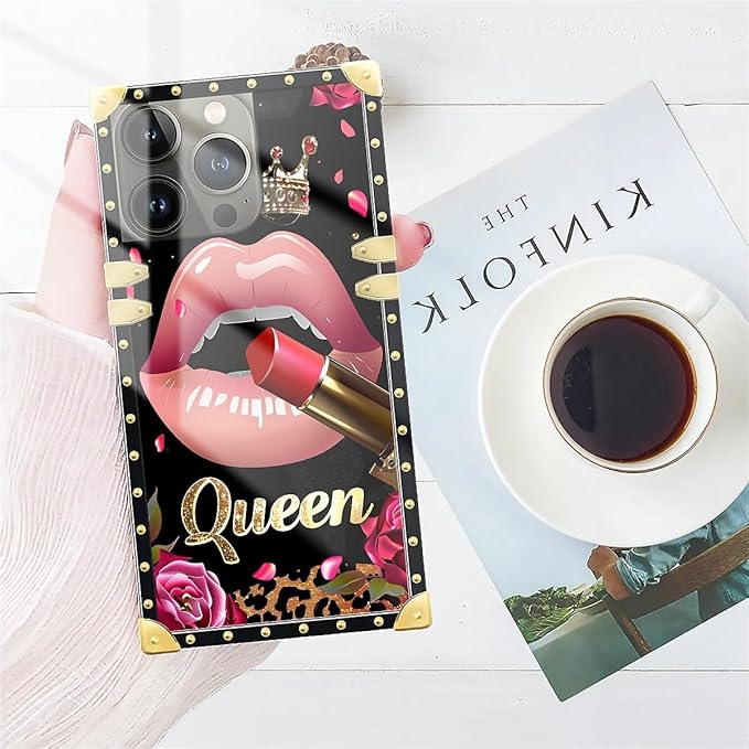 Compatible with iPhone 13 Pro Case, Glitter Red Rose Queen Leopard Lipstick Luxury Golden Decoration for Girl Women Soft TPU Shockproof Protective Hard PC Back for iPhone 13 Pro