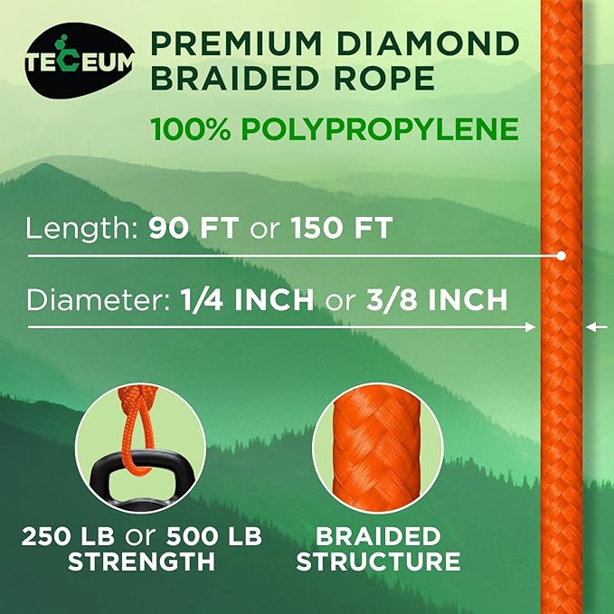 TECEUM Rope – 150 Feet x 1/4 Inch (7mm) – Orange – Strong All-Purpose Utility Rope – Camping, Crafting, Flag Pole, Indoor & Outdoor – Polypropylene Nylon Poly Lightweight Diamond Braided Cord