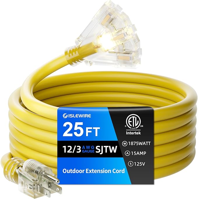 25 FT Outdoor Extension Cord with Multiple Outlets, 12 Gauge Heavy Duty Yellow Extension Cord Waterproof with 3 Outlet, 3 Prong Power Cord for Garden and Home Use Indicator Light, ETL Listed