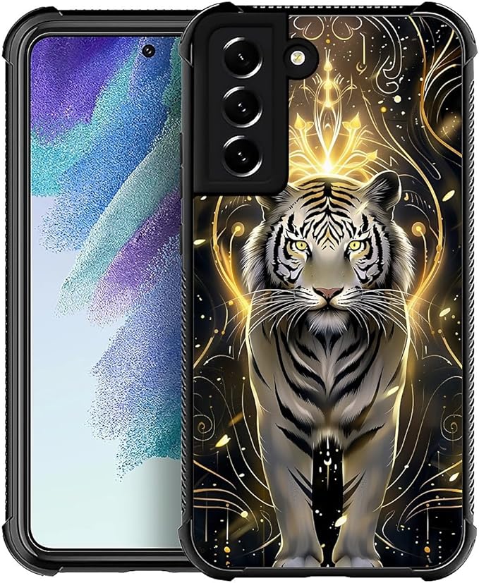 for Samsung Galaxy S21 Case, White Tiger Golden Mystery Pattern Graphic Design Girl Boy Soft Silicone Hard Acrylic Shock Protection for Samsung Galaxy S21