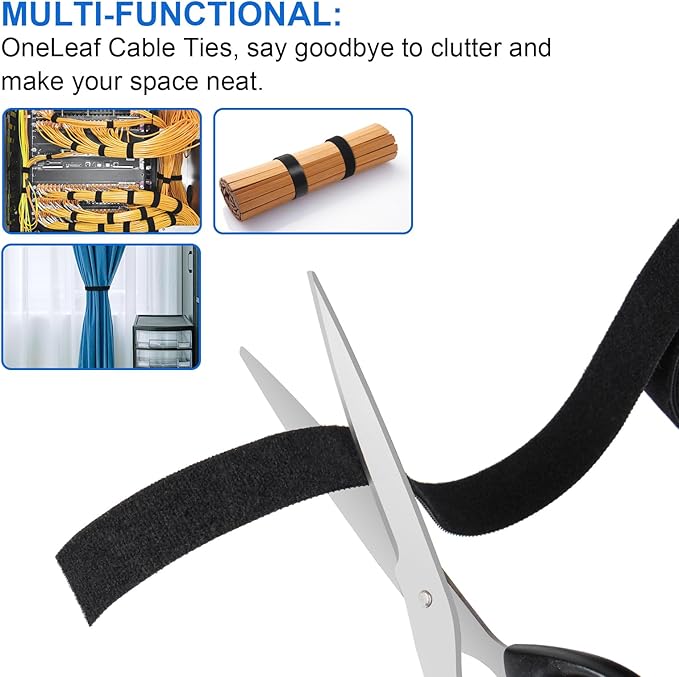 OneLeaf Hook and Loop Roll Reusable Fastening Cable Ties, Free Cutting Multi-Purpose Cable Management Tape，Black Heavy Duty Wire Management for Home and Office