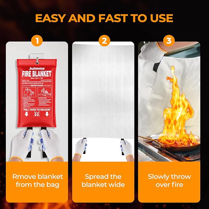 Juimma Fire Blanket for Home and Kitchen - 40" x 40" Prepared Fire Blankets Emergency for Home, School, Camping, Office, Warehouse, with Gloves and Hooks, 6 Packs