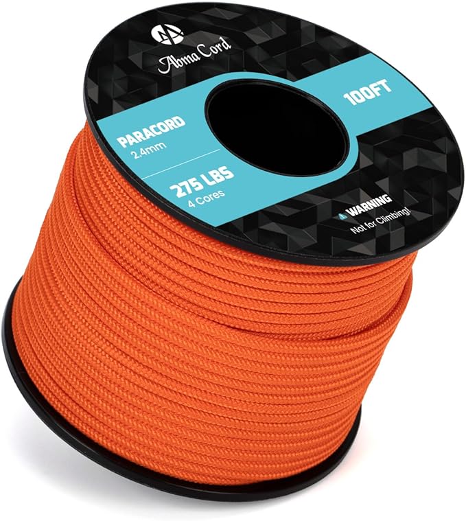 Abma Cord 2.4mm Paracord 275 100ft Nylon Rope 4 Strands Tactical Parachute Cord - Max. 275lbs - Orange