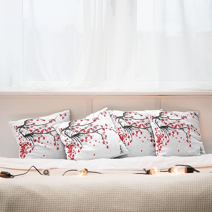 Ambesonne Nature Throw Pillow Cushion Case Pack of 4, Sakura Blossom Japanese Cherry Tree Garden Summertime Vintage Cultural Print, Modern Accent Double-Sided Digital Printing, 16", Grey Vermilion