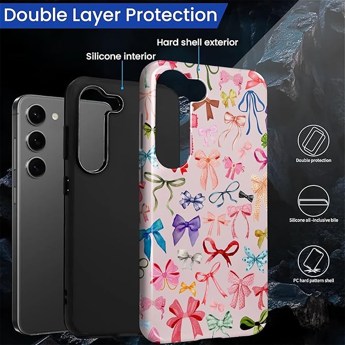 for Samsung Galaxy S23 Plus Case,HL2 Aesthetic Color Bow Tie Hybrid 2 Layer Hard Shell Silicone Protective Pattern Design Case