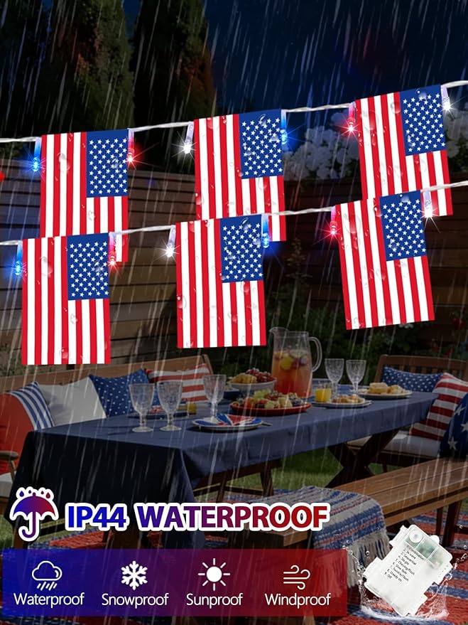 4th of July Decoration, 24FT 50LED Red White and Blue String Lights 25 American Flags, Battery Operated Patriotic Lights Waterproof 8 Modes, Remote & Timer for 250th Anniversary Independence Day Decor