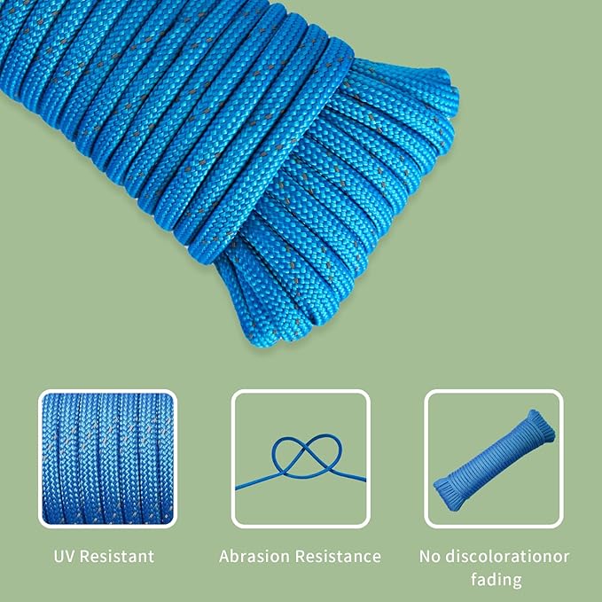 Paracord Rope, Reflective III Parachute Cord 7 Strand Core 550lb, 100ft Blue - High Visibility Abrasion Resistant Easy to Tie, Multi-Purpose Rope for Camping Survival DIY