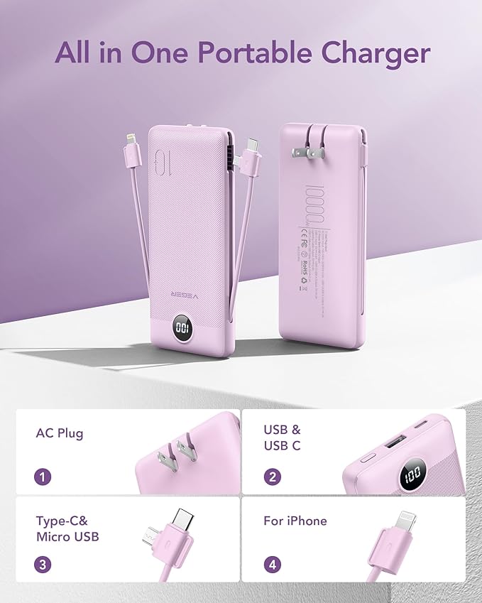 VEGER Portable Charger with Built-in AC Plug and Cables, All in One 10000mAh Ultra Slim Power Bank Travel Essentials, Fast Charging Battery Pack Compatible with iPhone, Samsung, Android (Purple)