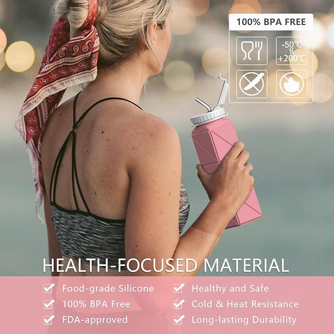BEAUTAIL Collapsible Water Bottles with Straw 20.6oz, Silicone Foldable Portable Water Bottle, BPA-Free, Leakproof Reusable for Travel Camping Hiking Cycling Yoga Sports, 1 Pack (Pink)