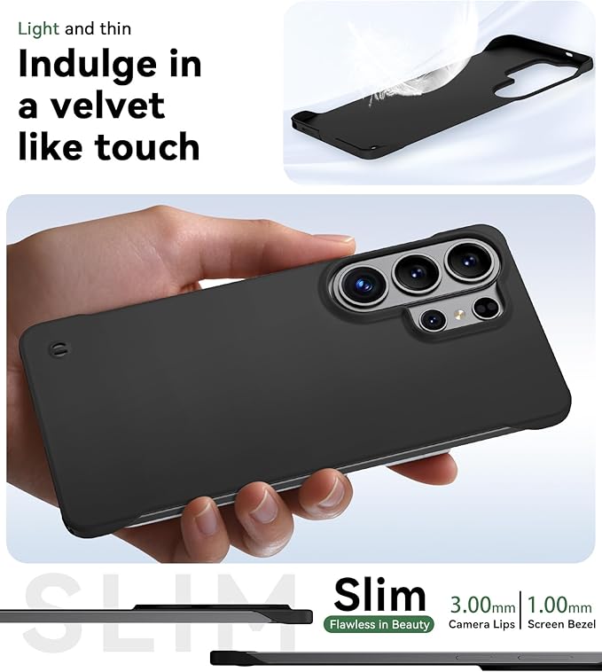 GRECAZO Slim Borderless for Samsung Galaxy S26 Ultra Phone Case 6.9"(2026) Ultra-Thin Lightweight Frameless Matte Hard PC Cover Case with Pull Ring Minimalist Non Slip Rope-Black