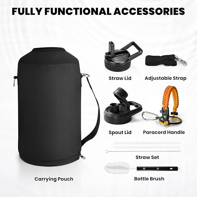 RAYMYLO Insulated Water Bottle 64 oz, Triple Wall Vacuum Stainless Steel (Cold for 48 Hrs), Leak Proof & Non-BPA, Half Gallon Water Flask Jug with Paracord Handle & Straw Spout Lids, Ombre Orange