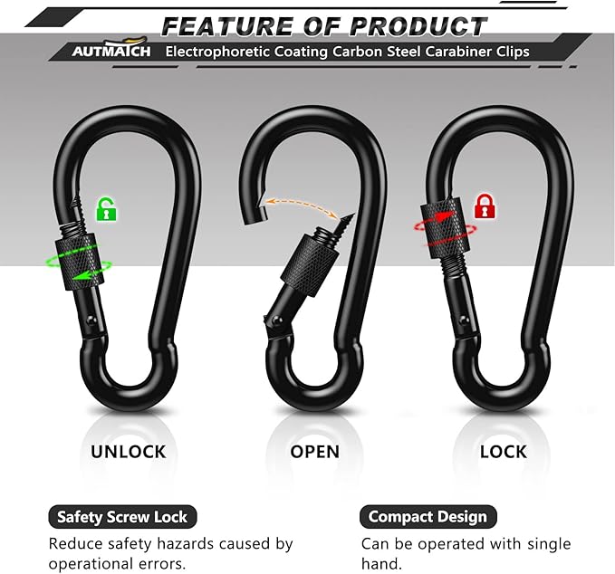 AUTMATCH Carabiner Clips, 3" Spring Snap Hook Caribeener Clips Buckle Heavy Duty Locking Carabiners Chain Quick Links, 4 Pack