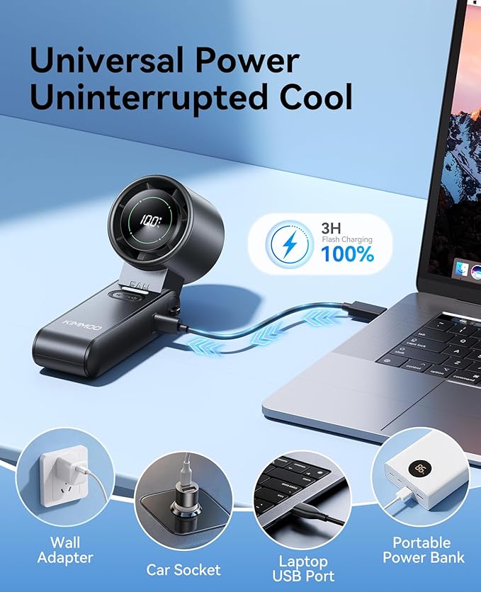 KIMMOO 3-in-1 Portable Handheld Turbo Fan-100 Speeds,Powerful 20000 RPM, 12Hrs Cooling, LED Display, 120° Rotation, USB Rechargeable Mini Hand Held Personal Fan for Travel Makeup Outdoor Indoor, Black