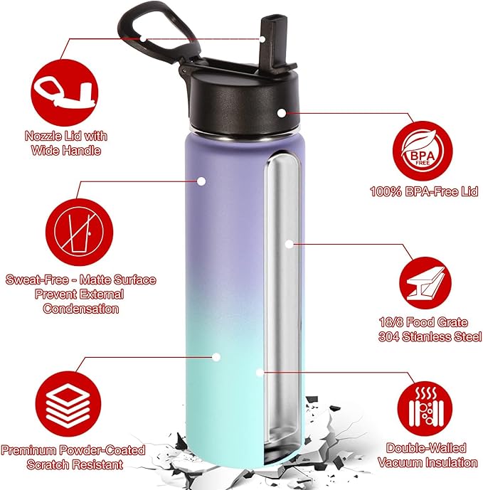 Volhoply 24 Ounce Insulated Water Bottle with Straw Lid,Stainless Steel Wide Mouth Sport Bottles with Handle,Double Wall Vacuum Cups Keep Cold,Reusable Travel Thermal Cups For Holder(Purple Blue,1)