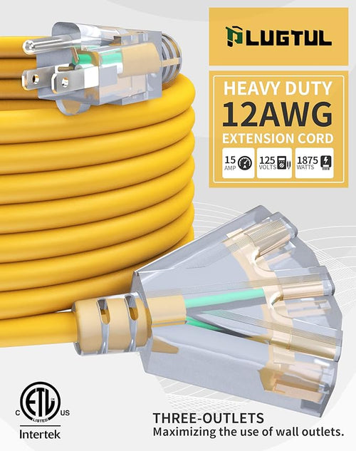 100Ft 12/3 Outdoor Extension Cord with 3-Outlets, Heavy Duty 12 Gauge 3 Prong Extension Cord Waterproof with Lighted end, 15A 12AWG 1875W SJTW, ETL Listed - Great for Garage, Garden and Home, Yellow