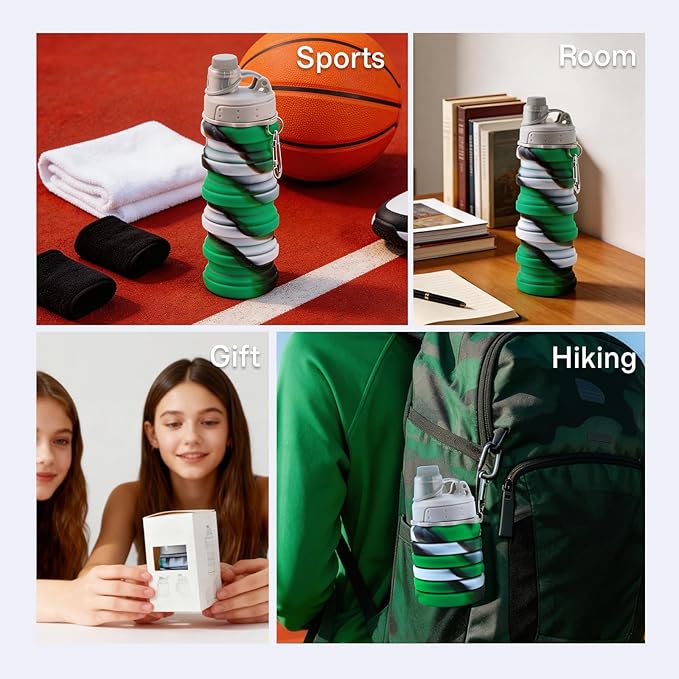Reusable BPA Free Foldable Silicone Water Bottles for Kids, Students, Adults, Travel Camping Hiking (1pack, Green)
