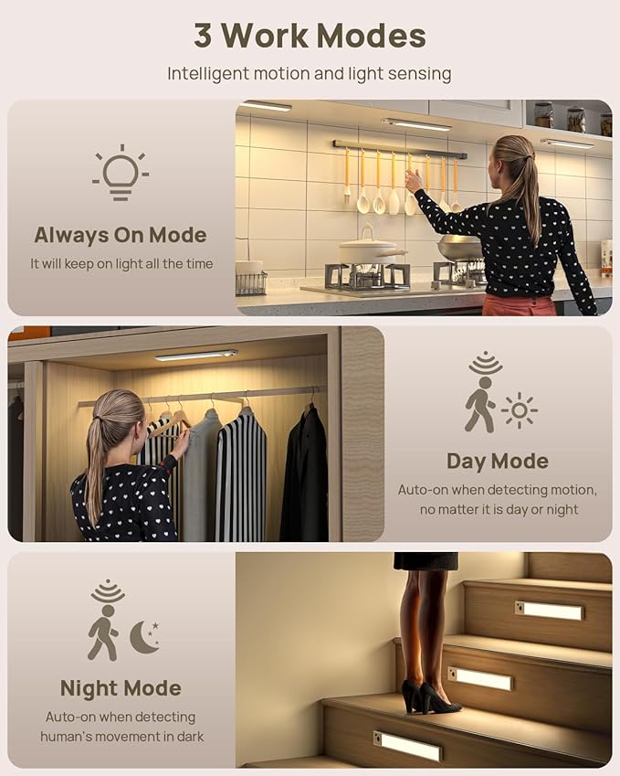 12inch Under Cabinet Lighting with Remote, 2500mAh Rechargeable Motion Sensor Light Indoor, LED Closet Lights with Timer, Dimmable, Magnetic, 3 Color Temps Wireless for Kitchen, Pantry, Stair, 4 Pack
