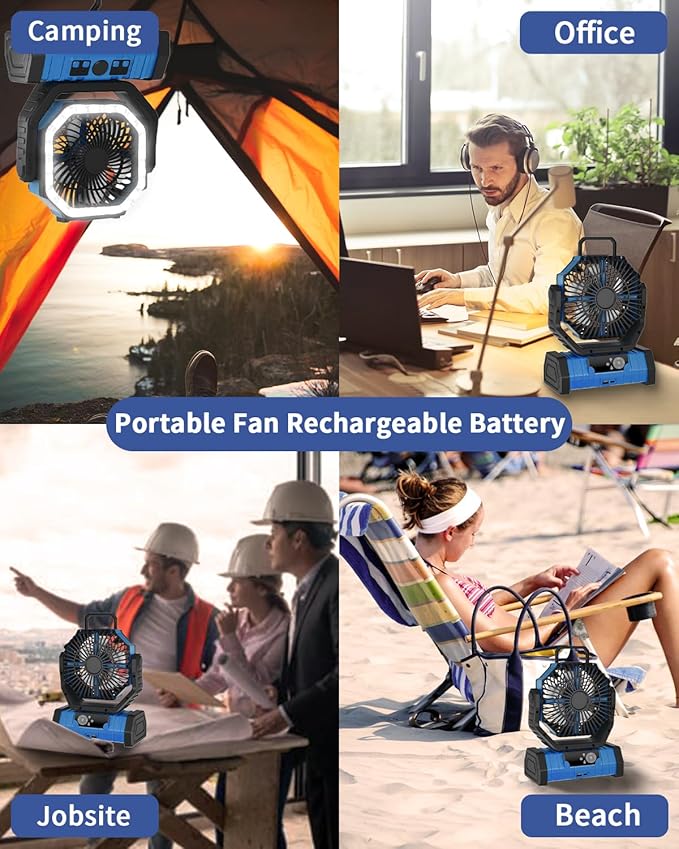 ADUST Camping Fan Battery Operated Powered Fan with LED Lantern Light 20000mAh Rechargeable Portable Oscillating, 360° Rotation Hanging Hook for Tents, Cordless USB Desk Fan(Blue)