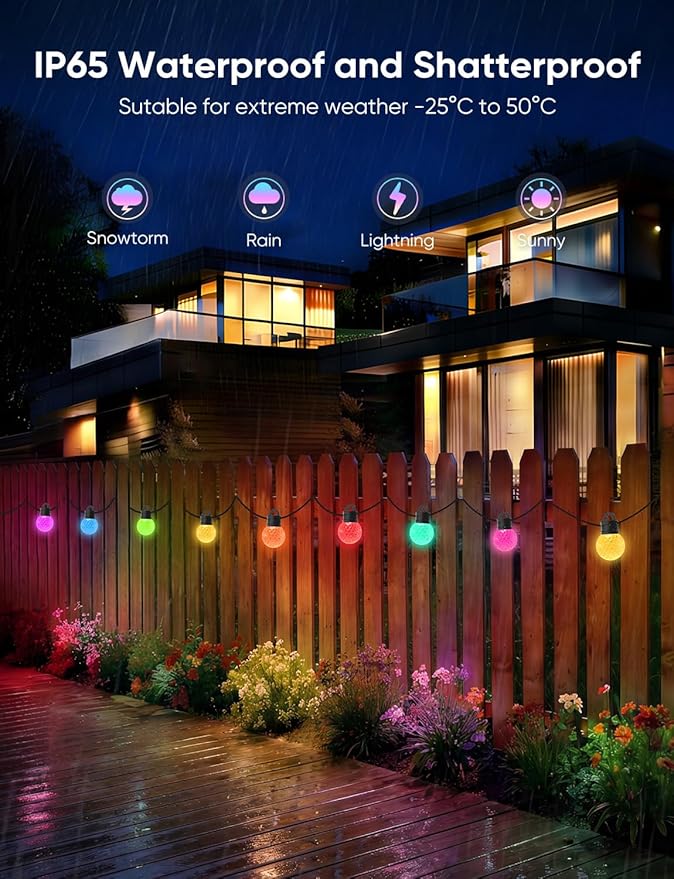 APPECK Outdoor String Lights 50ft, RGBW Color Changing Patio Lights with 25 Dimmable LED Bulbs, 111 Scene Modes, IP65 Waterproof Lighting for Outside, Party, Backyard, Pool, Compatible with Alexa