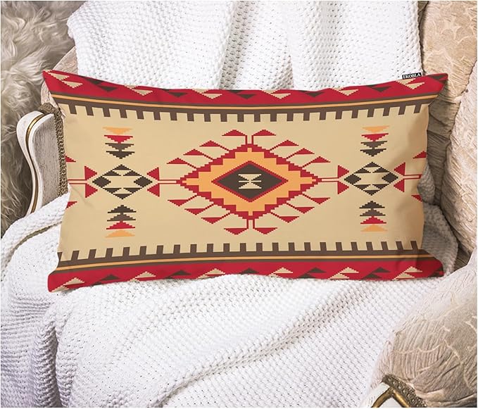 EKOBLA Vintage Ethnic Pattern 12x20 Pillow Case Tribal Print American Style Aztec Boho Geometric Square Cotton Linen Decorative Cushion Case for Couch Sofa Chair Bed 12x20 Inches