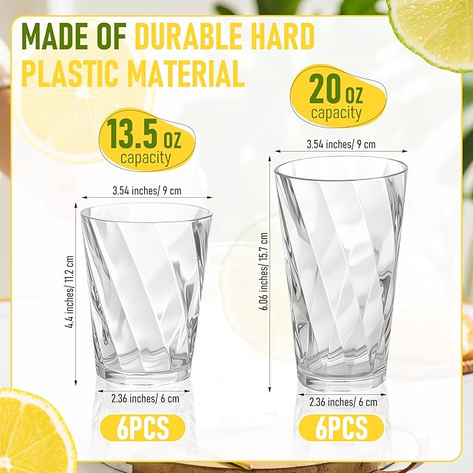 LemonRoad 12 Pack Reusable Plastic Drinking Glasses Set - 20oz & 13.5oz Stackable Tumbler, Shatter-resistant Highball Cup for Water, Cocktail, Iced Coffee, Indoor Outdoor Use, BBQ, Patio, Pool (Clear)
