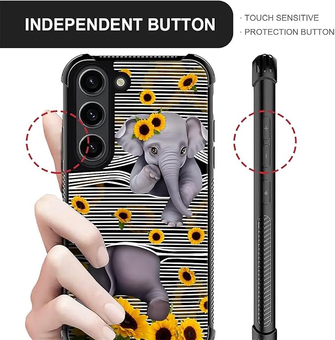 for Samsung Galaxy S23 Plus Case, Cute Little Elephant Sunflower White Line Art Pattern Graphic Design Soft Silicone Hard Acrylic Shock Protection for Samsung Galaxy S23 Plus