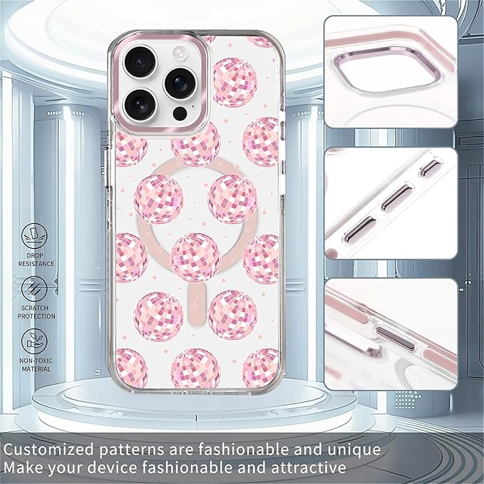 Case for iPhone 14 Pro,[Compatible with MagSafe],Disco Balls Pink Phone Case Design，for Women Girls Magnetic Clear Cover - Slim, Sleek, & Shockproof Protection